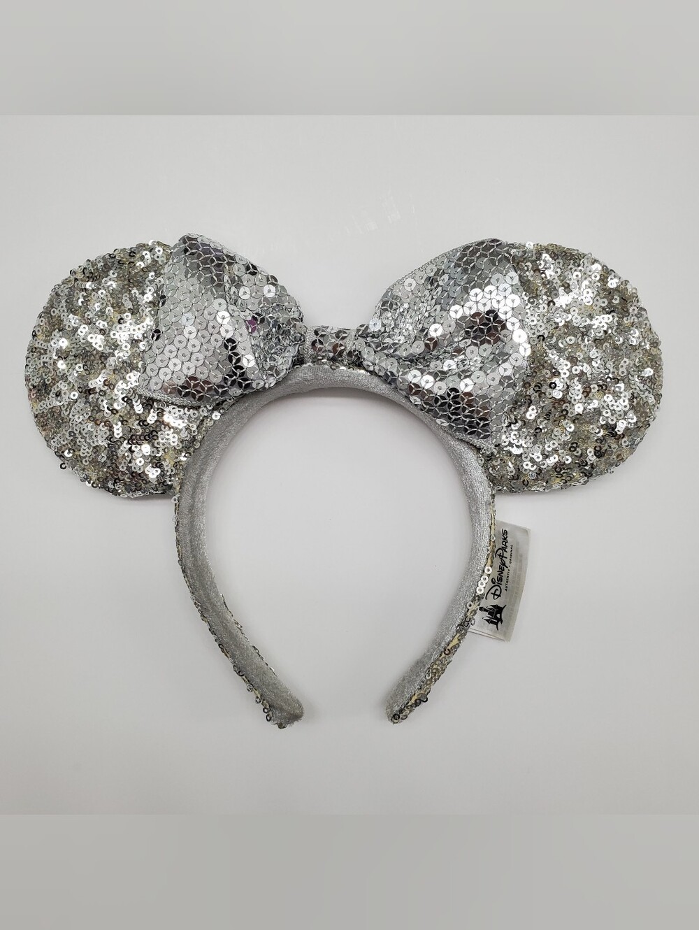 Disney Parks Silver Shiny Sequin Minnie Mouse Ear Headband with Bow